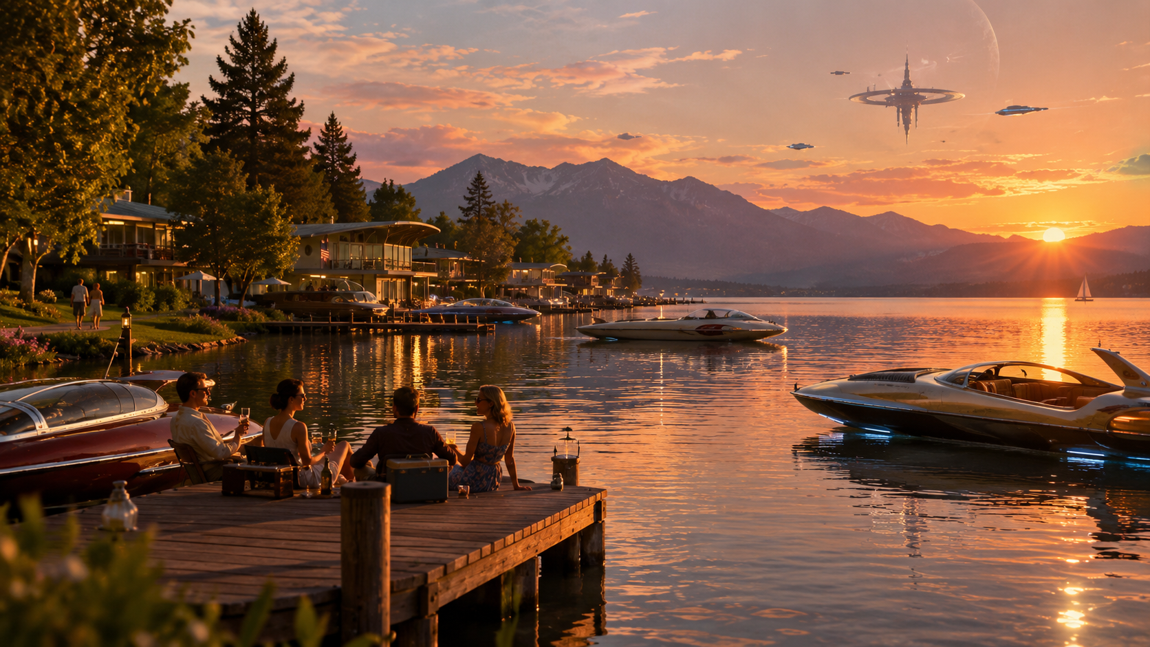 The lake at golden hour with flying boats