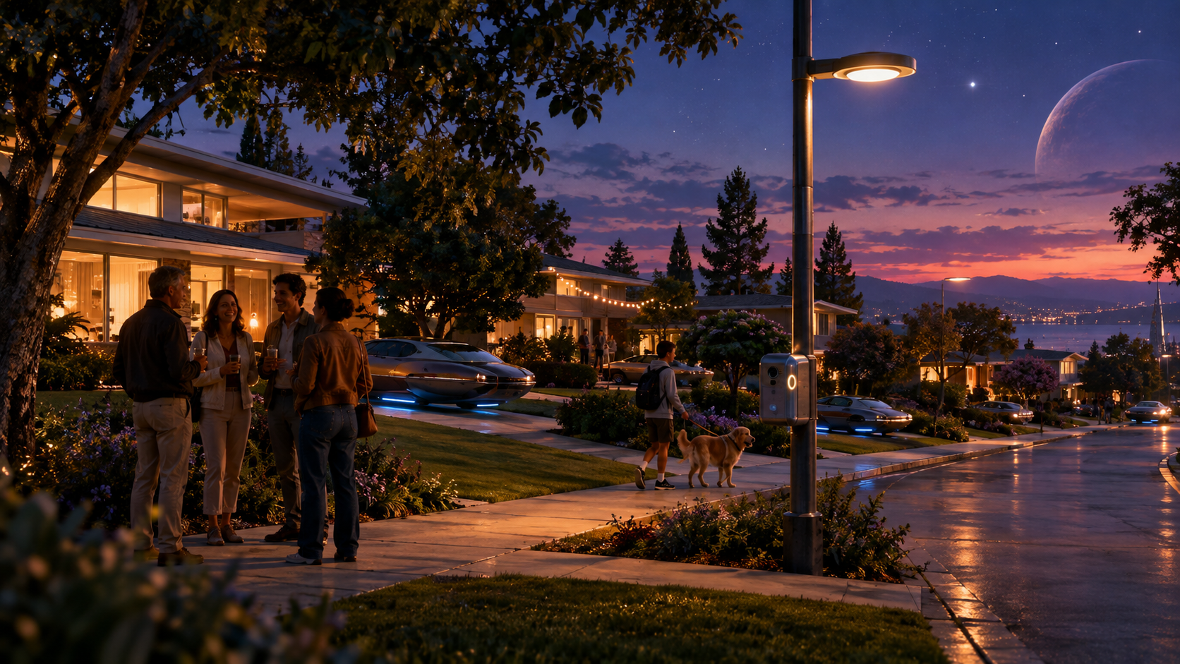 Suburban street at dusk with community compute hub